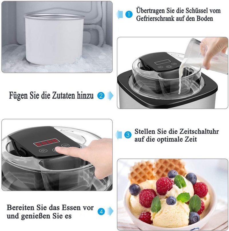 MVPower Eismaschine 200 l 1200 W 2L Speiseeisbereiter 12W mit Timer (5 bis 45 Min) LCD-Anzeige inkl. Rezeptheft für Eis Frozen Yoghurt und Sorbet Abnehmbar