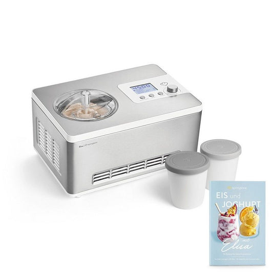 Springlane Eismaschine Elisa 2 l 180 W Eismaschine mit Kompressor 2 l - Eiscrememaschine 180 Watt aus Edelstahl mit herausnehmbaren Eisbehälter & Joghurtbereiter - Eiscremebereiter selbstkühlend inklusive Rezeptheft + zwei Aufbewahrungsbehälter in Grau