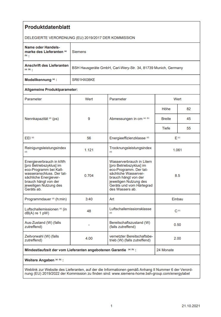 SIEMENS vollintegrierbarer Geschirrspüler SR61HX08KE