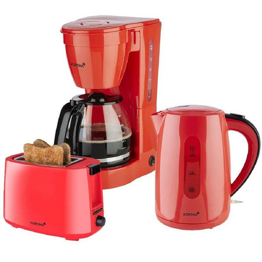 KORONA Toaster Frühstücksset / Küchenset 3er Set 12 Tassen Filterkaffemaschine 2-Scheiben Toaster (2-Schlitz-Toaster) 17 L Wasserkocher Ideal geeignet für Küche Büro Ferienwohnung Ferienhaus rot (10117 20132 21132)