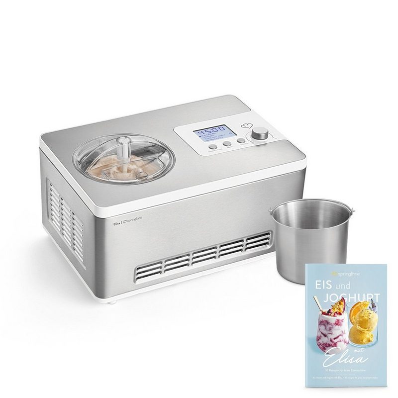 Springlane Eismaschine Elisa 2 l 180 W Eismaschine mit Kompressor 2 l - Eiscrememaschine 180 Watt aus Edelstahl mit herausnehmbaren Eisbehälter & Joghurtbereiter - Eiscremebereiter selbstkühlend inklusive Rezeptheft + Zusatzbehälter aus Edelstahl