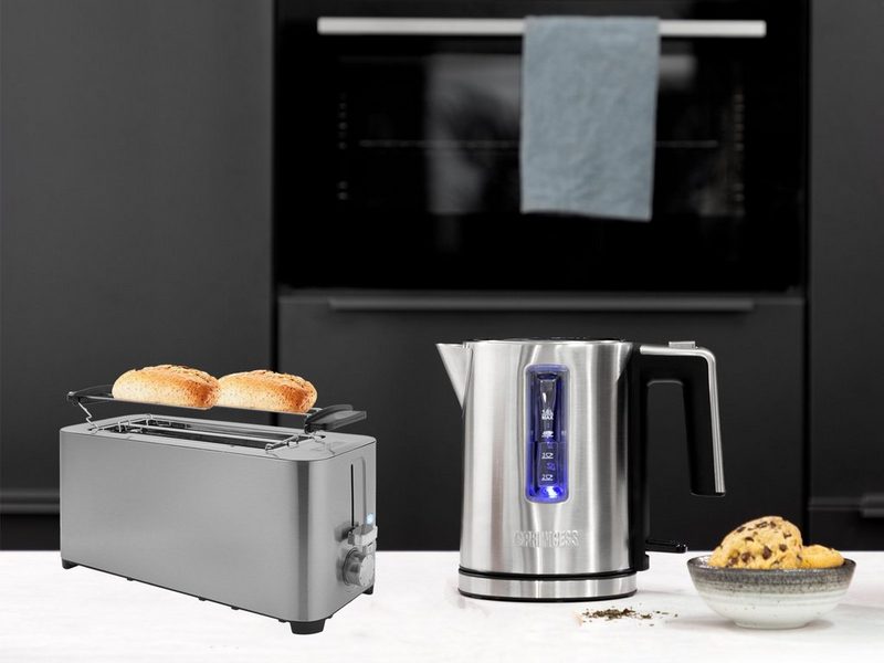 PRINCESS Toaster 2 lange Schlitze 1400 W Frühstück-SET 4er Doppelschlitz Toastmaschine & 1 Liter Wasserkocher klein ohne Kabel