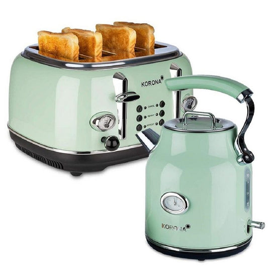 KORONA Toaster Retro Frühstückset Mint 4 Schlitz Küchenset - 4 Scheiben Toaster inkl. Wasserkocher Pfeifkessel Design Retro / Vintage Design analoge Temperaturanzeige / Röstgradanzeige Brötchenaufsatz 17 l Kapazität Chrom Optik Mint Grün