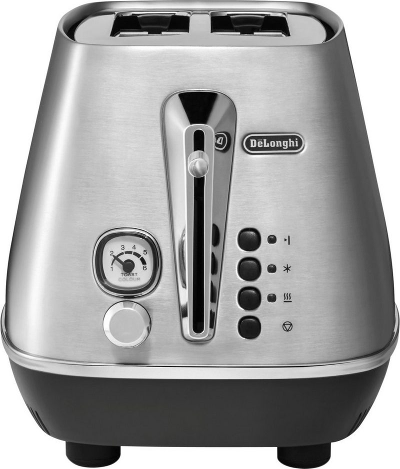 DeLonghi Toaster Distinta X CTI2103.M 2 kurze Schlitze 900 W mit Brötchenaufsatz im Retro Look Edelstahl