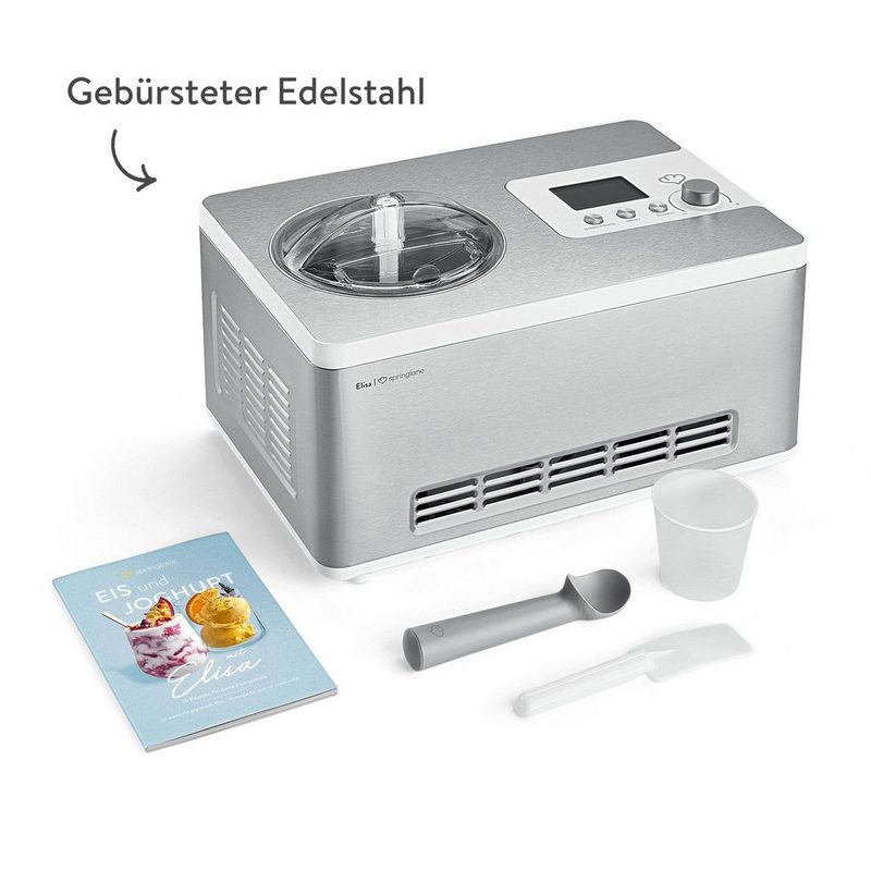 Springlane Eismaschine Elisa 2 l 180 W Eismaschine mit Kompressor 2 l - Eiscrememaschine 180 Watt aus Edelstahl mit herausnehmbaren Eisbehälter & Joghurtbereiter - Eiscremebereiter selbstkühlend inklusive Rezeptheft